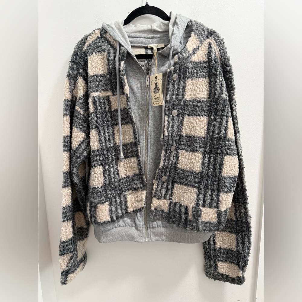 Easel Gray and Cream Plaid Hoodie Sweatshirt Jacket